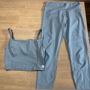 Vuori Blue Ribbed Tank and Leggings Workout Set